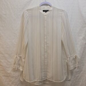 Lafayette 148 New York Silk Pinstripe Tunic Band Collar Tie Cuff Top Petite P
